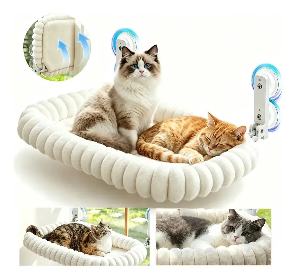 Cama suspensa com ventosa para janela para gatos, cama para mascote ampla, almofada branca macia removível e lavável
