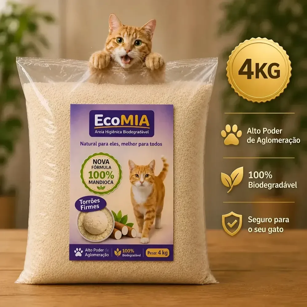 Areia Higiênica Biodegradável 4kg EcoMia 100% Natural Sustentável Para Gatos Sem Levantar Poeira Zero Odor Grãos Finos Torrões Firmes Feita de Mandioca