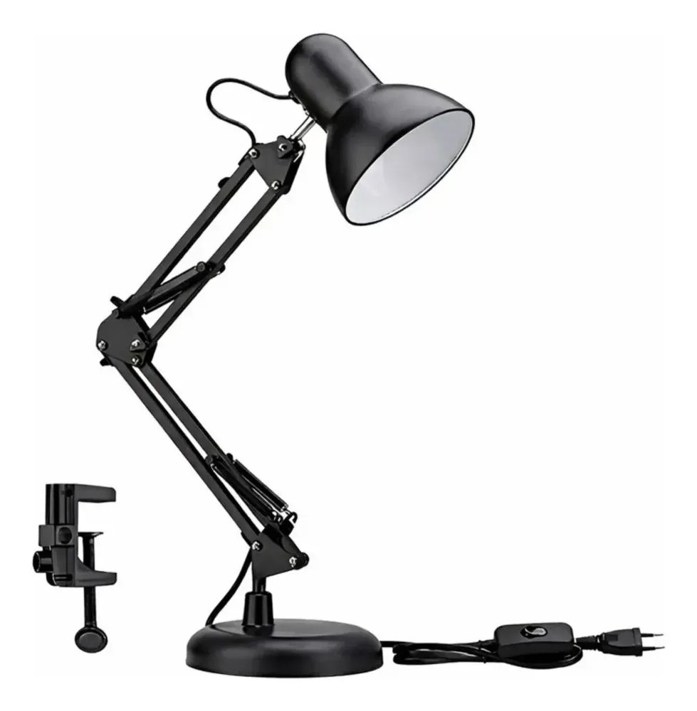 Luminária de Mesa Bravvi Articulável Preta em Metal Com Base e Garra Para Leitura e Estudo