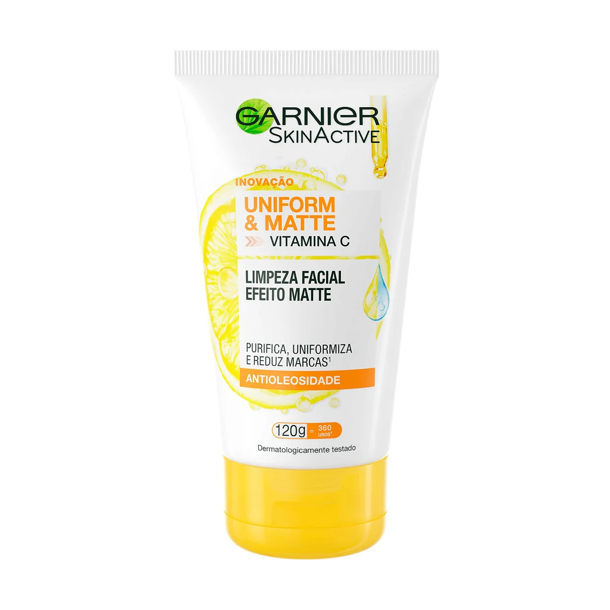 Garnier Uniform & Matte Sabonete Limpeza Facial Vitamina C Antioleosidade, Limpa Profundamente, Remove Oleosidade e Maquiagem, Efeito Matte, Reduz Marcas, 120g