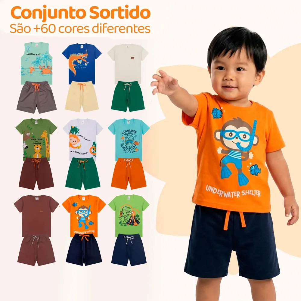 Kit 6 Peças De Roupa Menino Infantil Masculino Verão Atacado Kit 3 Conjuntos Sortidos Tamanho 1 - Veste 6 A 12 Meses