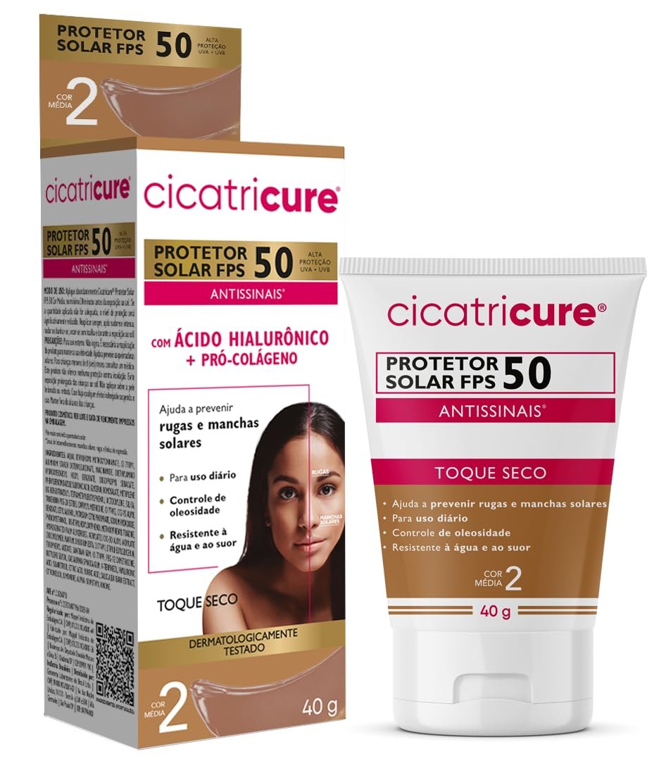 Cicatricure Protetor Solar FPS50 com Cor Média 40g - Ácido Hialurônico e Pró Colágeno