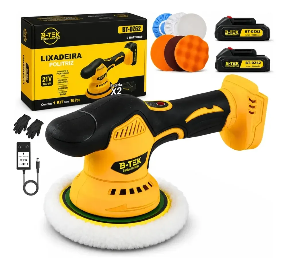 Politriz Roto Orbital a Bateria 21V Velocidade Variável 600W Estética Automotiva B-Tek BT-DZ62 | Kit Boinas Prato Polimento Carro Máquina de Polir 2 Baterias Sem Fio Brushless 2000-5000rpm Lustro