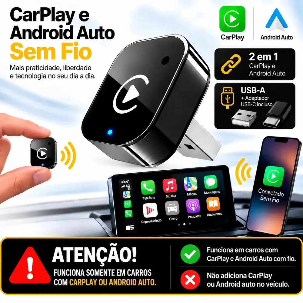 Adaptador CarPlay Sem Fio Android Auto 2 em 1 Compatível Carro Som Multimídia Portátil Plug And Play Automático Usb Wireless Automotivo Kateluo