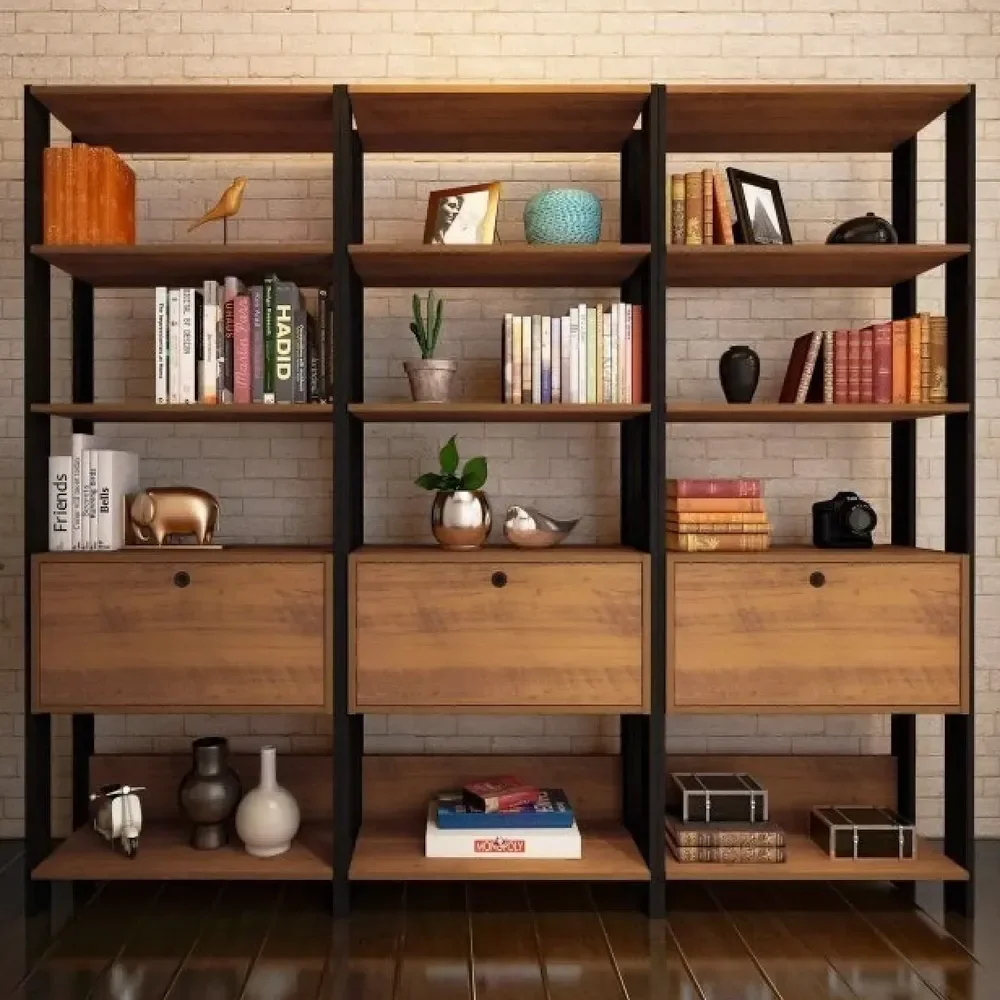 Conjunto 3 Estantes Para Livros Industrial 1 Porta Mdp Db Marrom