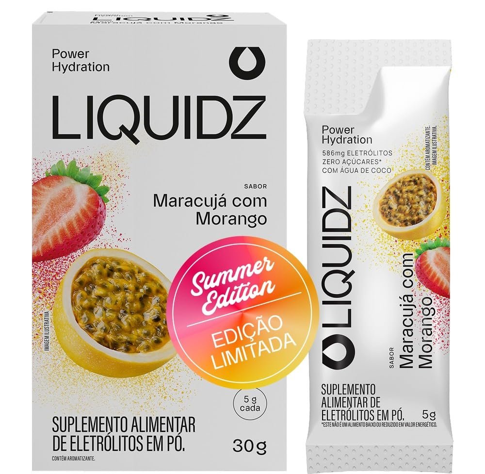 LIQUIDZ® - Eletrólitos Zero Açúcares - Sabor Maracujá com Morango - Kit 1 Caixa - 6 sachês