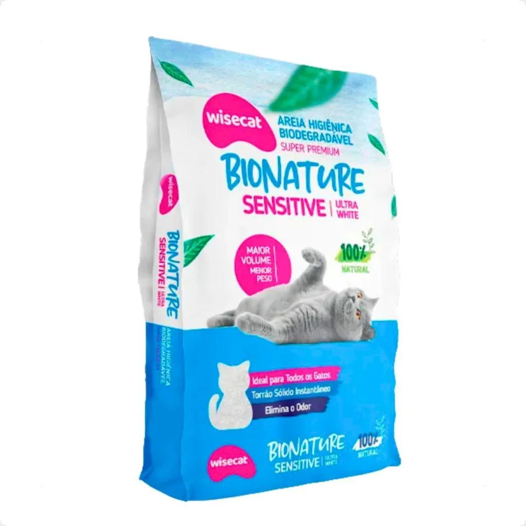 Areia Gato Wisecat Bionature Fina 2kg - Ultra Absorção, Sem Poeira e Torrão Firme