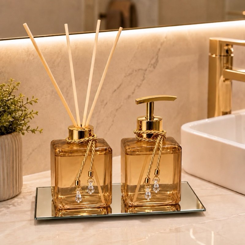 Kit Lavabo Pet Ambar Difusor de Varetas e Saboneteira Luxo Bandeja Banheiro Casa