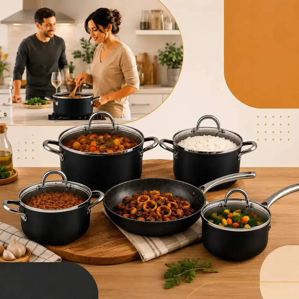 Jogo De 5 Panelas Cerâmica Antiaderente Premium Indução E Gás Conjunto Completo Com Tampas De Vidro Revestimento Cerâmico Alta Durabilidade Cozinha Moderna Preto