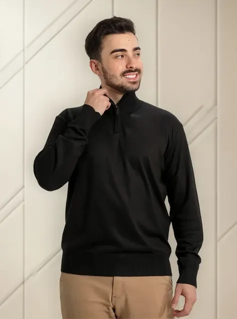 Suéter Masculino Anistia Malha Tricot Gola Alta Meio Zíper
