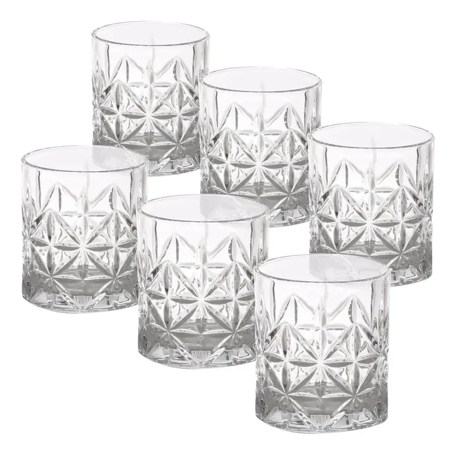 Jogo 6 Copos Baixos De Vidro Lapidado - Whisky, Água, Drinks Transparente