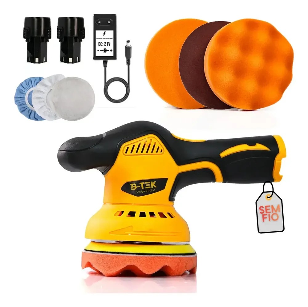 Lixadeira Politriz Sem Fio Bateria Profissional Automotiva Cor Amarelo Kit Estética Orbital Sem Fio 2 Baterias Lixadeira
