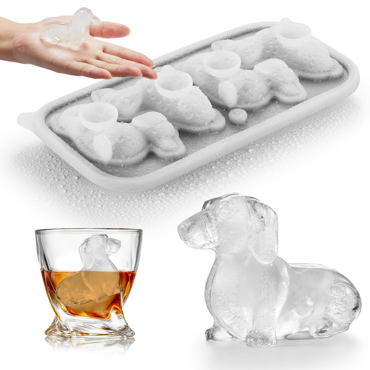 ACOOKEE Molde de cubo de gelo para cães Dachshund 3D, forma divertida de 4 furos, bandeja grande de cubos de gelo para cães Dachshund para uísque, coquetel, bourbon, presentes fofos para mulheres, sem