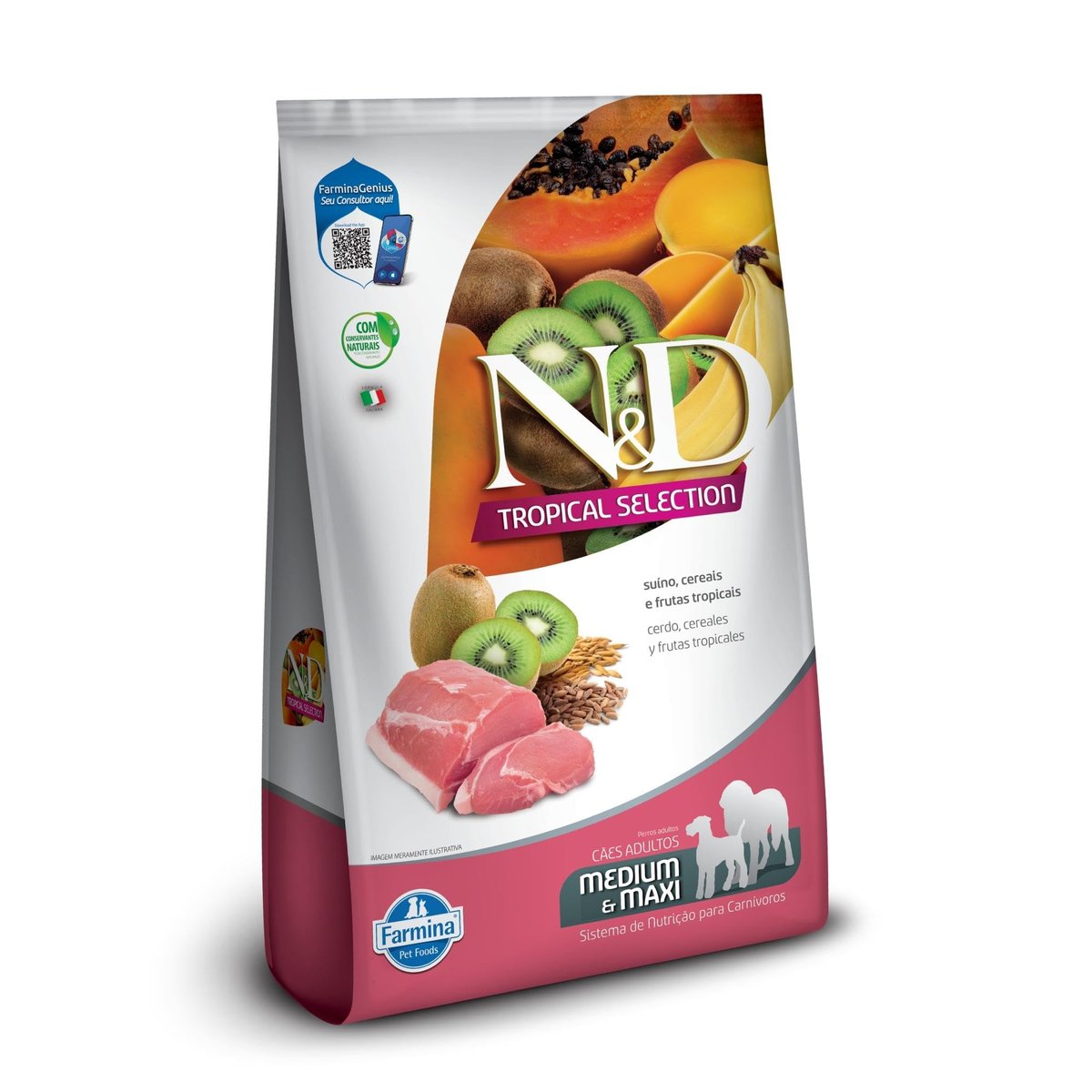 Ração Seca N&D Tropical Selection Suíno, Cereais e Frutas Tropicais para Cães Adultos de Raças Médias e Grandes 2Kg + 500g