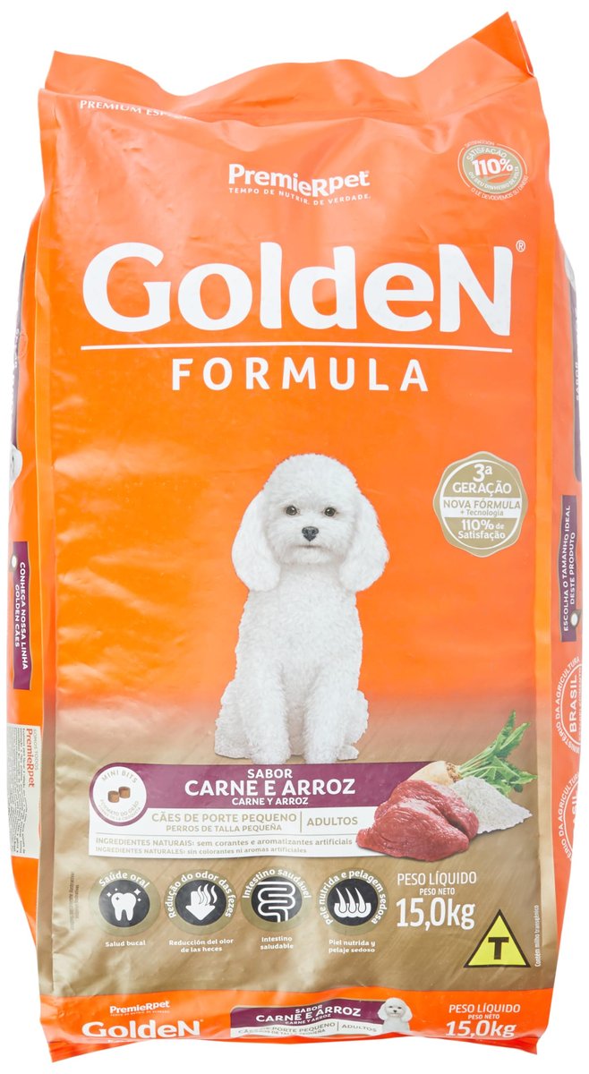 Ração Golden Fórmula Mini Bits para Cães Adultos Pequeno Porte Sabor Carne e Arroz, 15kg Premier Pet Para Todas Pequeno Adulto,