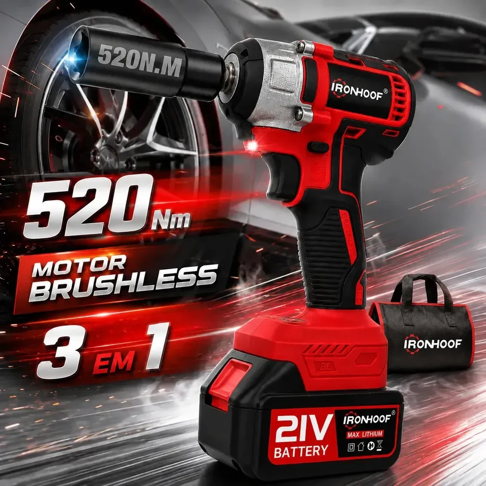 Chave Impacto Bateria Potente Sem Fio Brushless Parafusadeira 2 Bateria