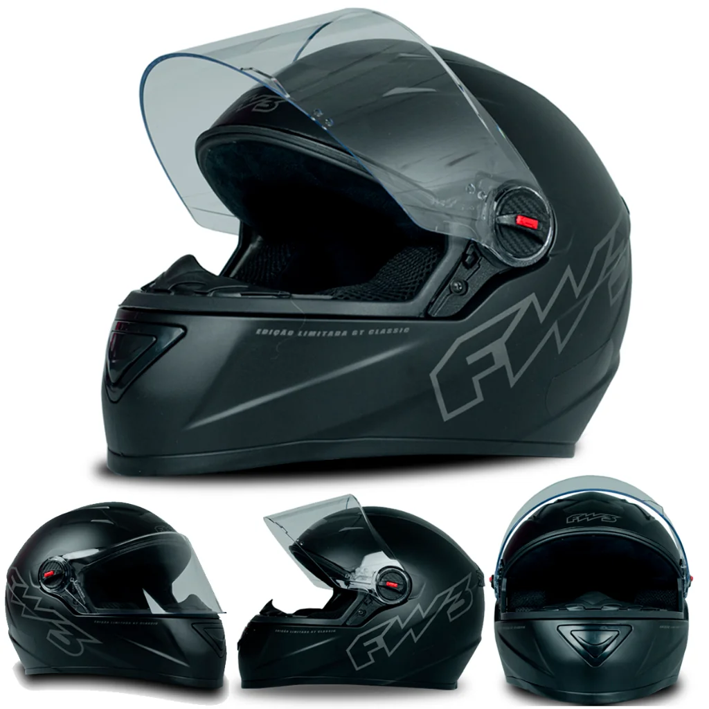 Capacete Fw3 Fechado Gt Classic Preto Fosco Pintado Com Viseira Cristal Diversos Tamanhos 56 58 60 Inmetro- Fw3