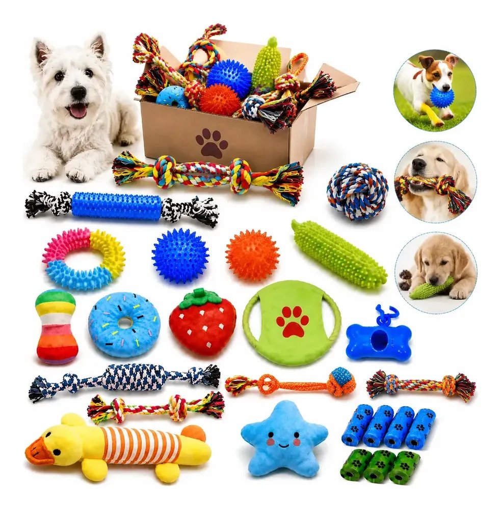Kit 25 Brinquedos Para Cachorro Porte Pequeno E Filhote Brinquedos De Corda E Borracha Anti Estresse Para Dentição Adestramento E Mordida