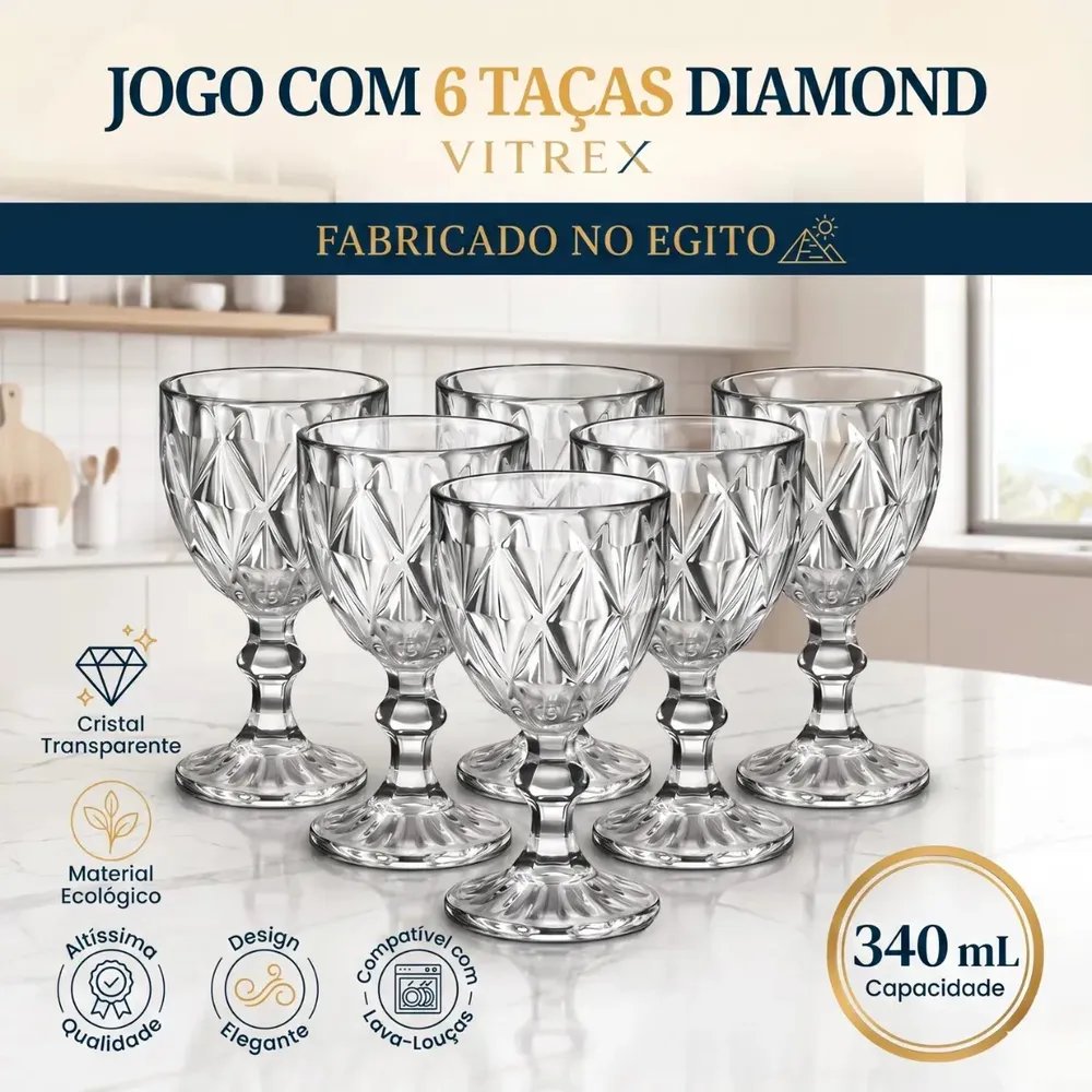 Jogo 6 Taças de Cristal 340ml Diamond Transparente Lapidado Vitrex
