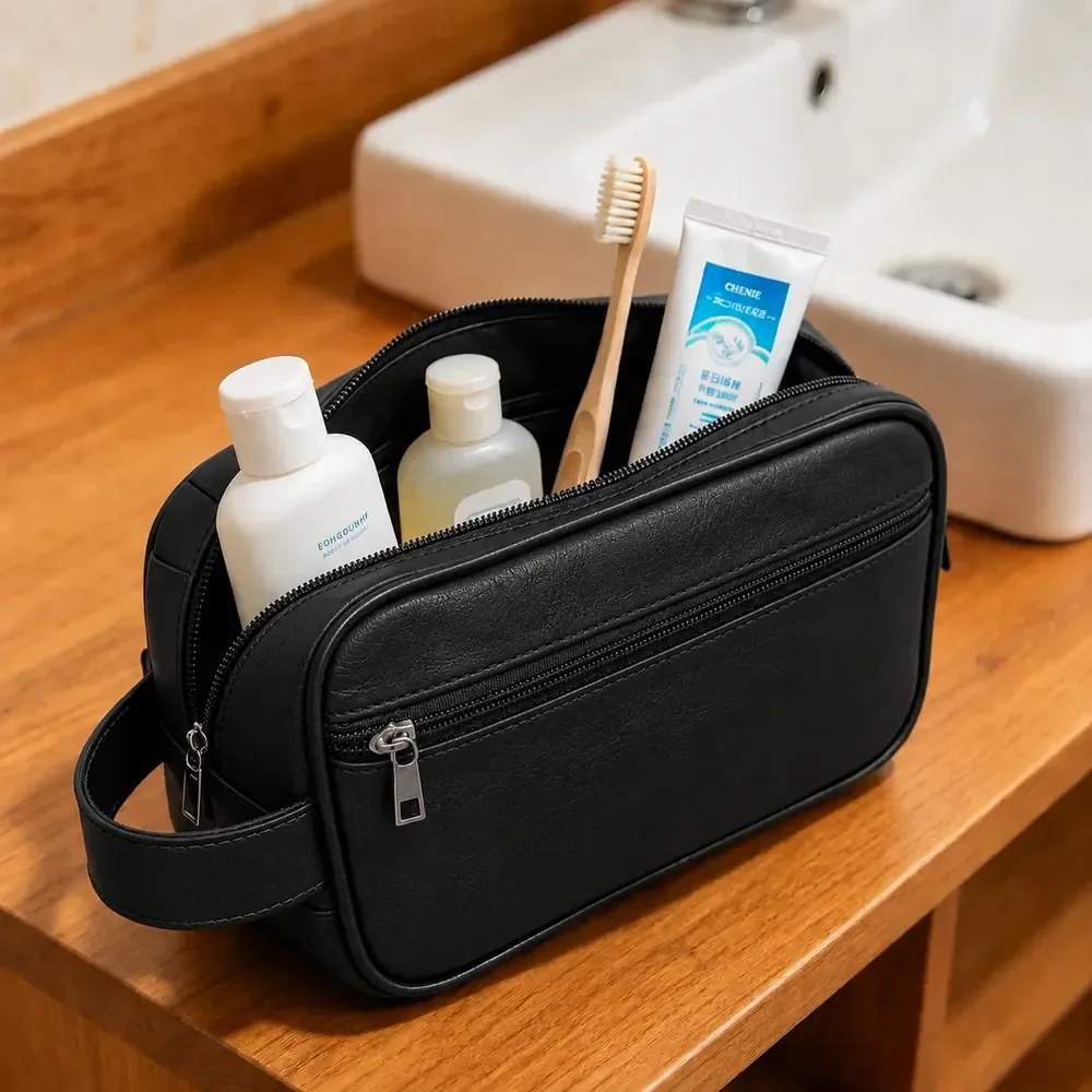 Necessaire Couro Masculina Organizador Trabalho Viagem Preto Liso