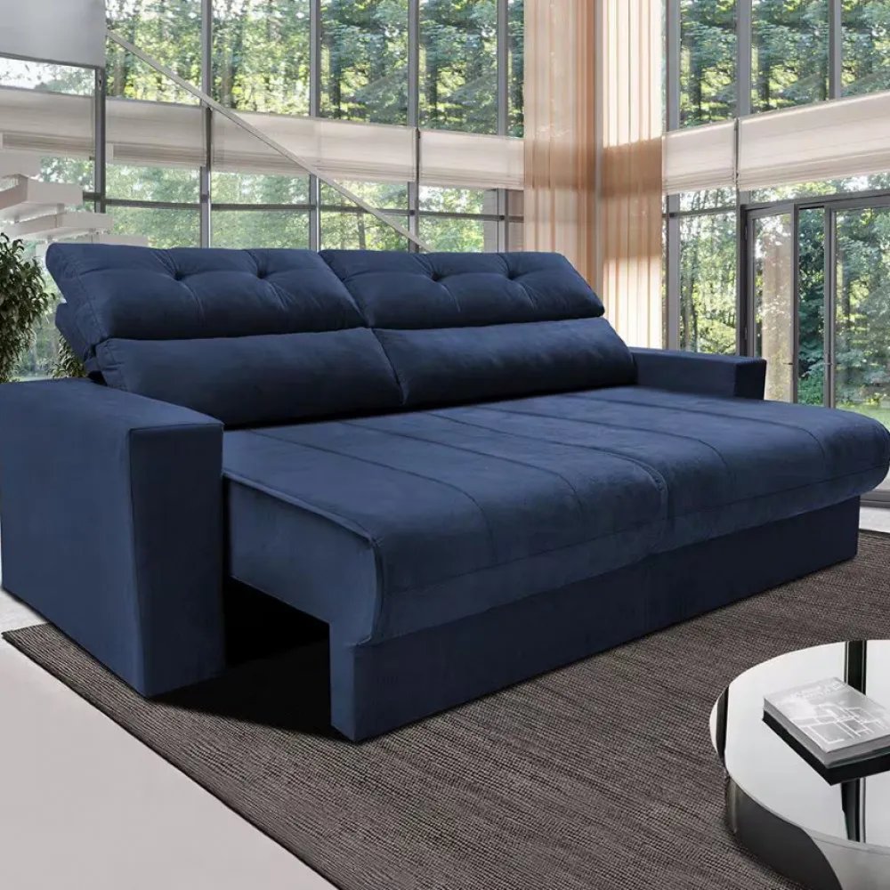 Sofá 3 Lugares Clean Retrátil Reclinável Cama Inbox - Azul - Liso