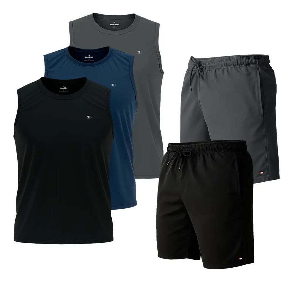 Kit 5 Pçs 3 Camisas Regata Dry-fit Sandrini +2 Short Tactel Sortidos Lisa P