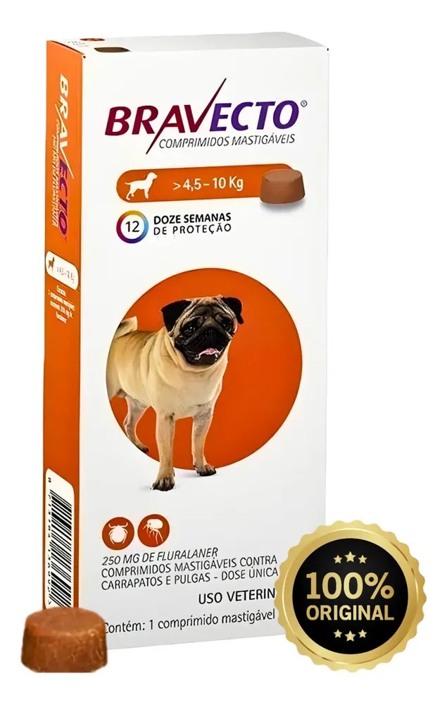 Bravecto 250mg Cães 4,5 A 10kg Antipulgas Original Laranja