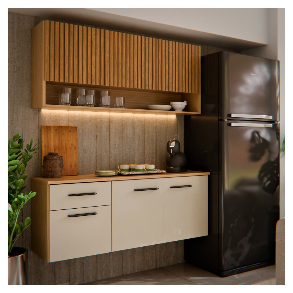 Armário de Cozinha Completo 6 Portas Ripado 3D com Balcão e Aéreo Suspenso Cozinha Compacta Eliza