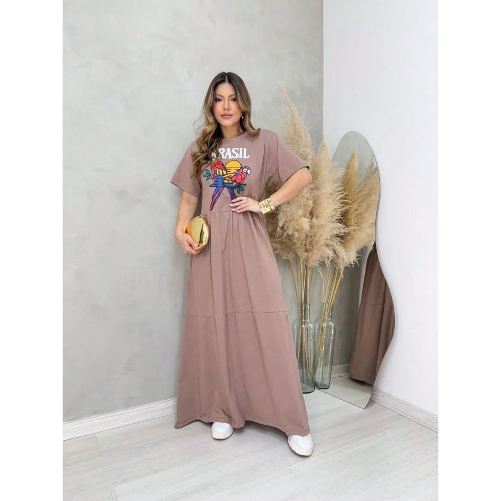 VESTIDO LONGO ESTAMPADO DE MANGUINHA   Simples  Casual  elegante    Bainha com babado