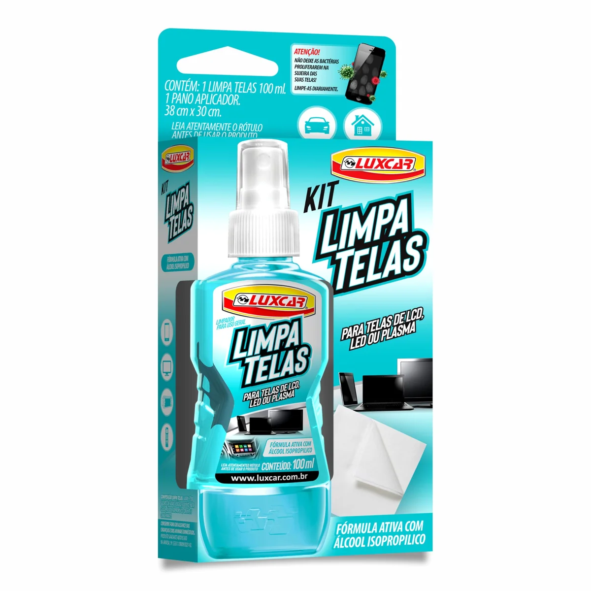 Luxcar Kit Limpa Telas 100 ml + Pano Aplicador - Fórmula Ativa Álcool Isopropílico