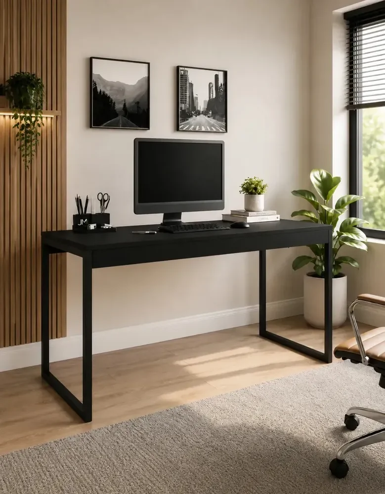 Mesa De Computador Escrivaninha Preta Pé Metalon Industrial 120x60 Jm3 Móveis
