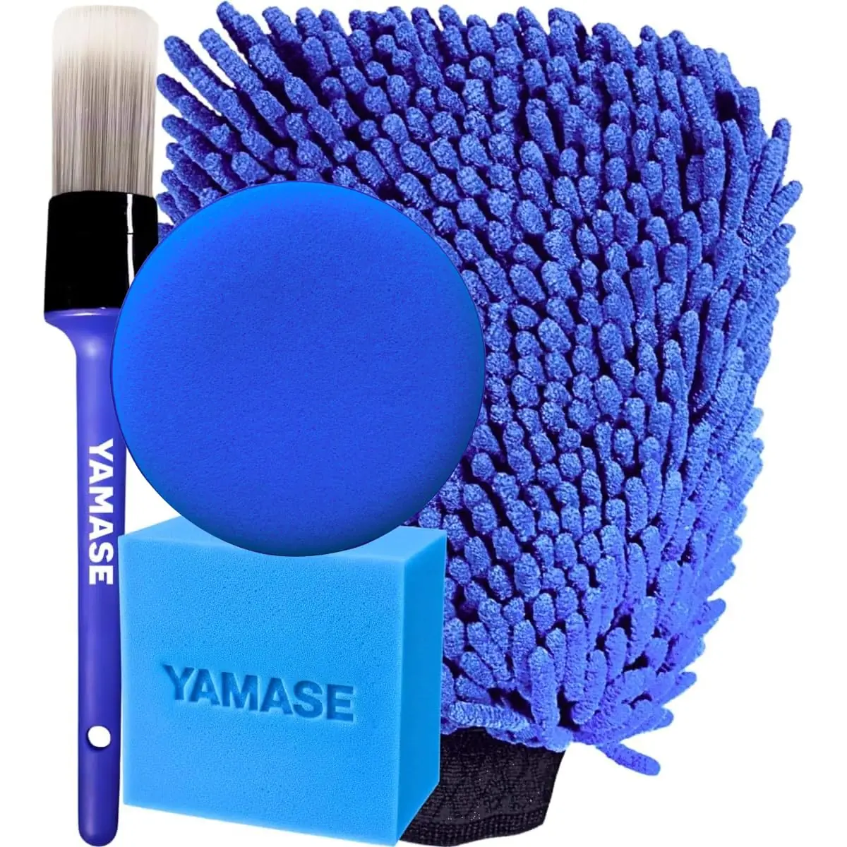 Pincel Interno Yamase + Luva de Microfibra para Lavar Carro + Aplicador de Espuma Passar Cera