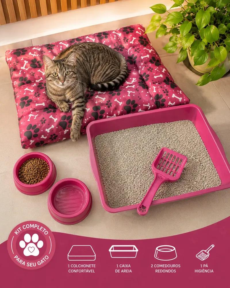 Kit Para Gato Conforto Essencial Colchonete Caixa De Areia Rosa