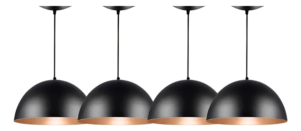 Lustre Pendentes Luminaria Kit4 Meia Lua 40cm Bivolt Cozinha 127/220v Preto Com Cobre