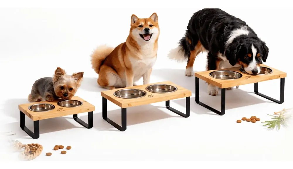 Comedouro Elevado Duplo Pet Pote Inox Madeira Cachorro P M G 0 Preto Médio