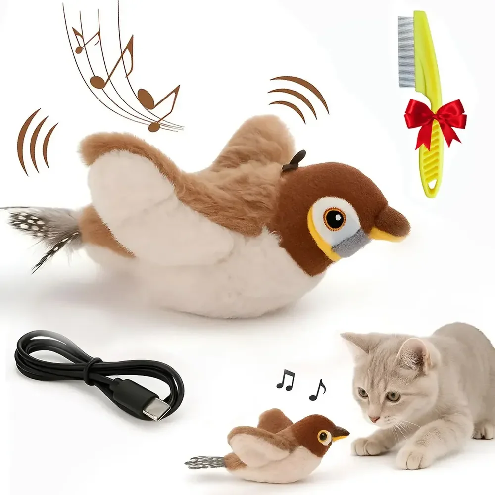 Pássaro De Brinquedo Para Gatos Que Bate As Asas E Emite Sons De Chilrear. Inclui Um Pente Para Animais De Estimação.