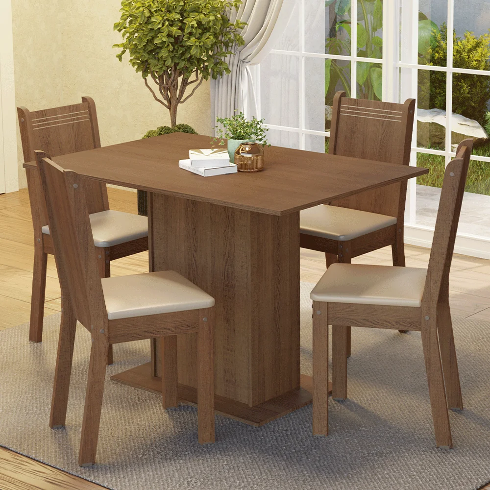 Conjunto Sala de Jantar Luana Madesa Mesa Tampo de Madeira com 4 Cadeiras - Rustic/Sintético Bege