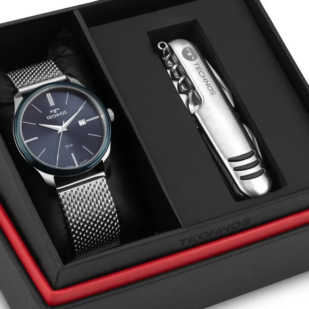 Kit Relógio Technos Masculino Steel Bicolor - 2115ubu/k1a Prata Azul