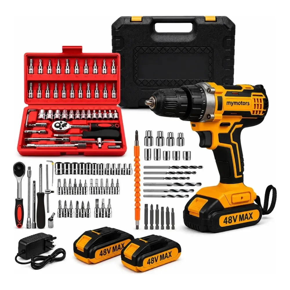 Parafusadeira Furadeira De Impacto 2 Baterias + Kit 46 Peças Amarelo 127/220v 50hz/60hz