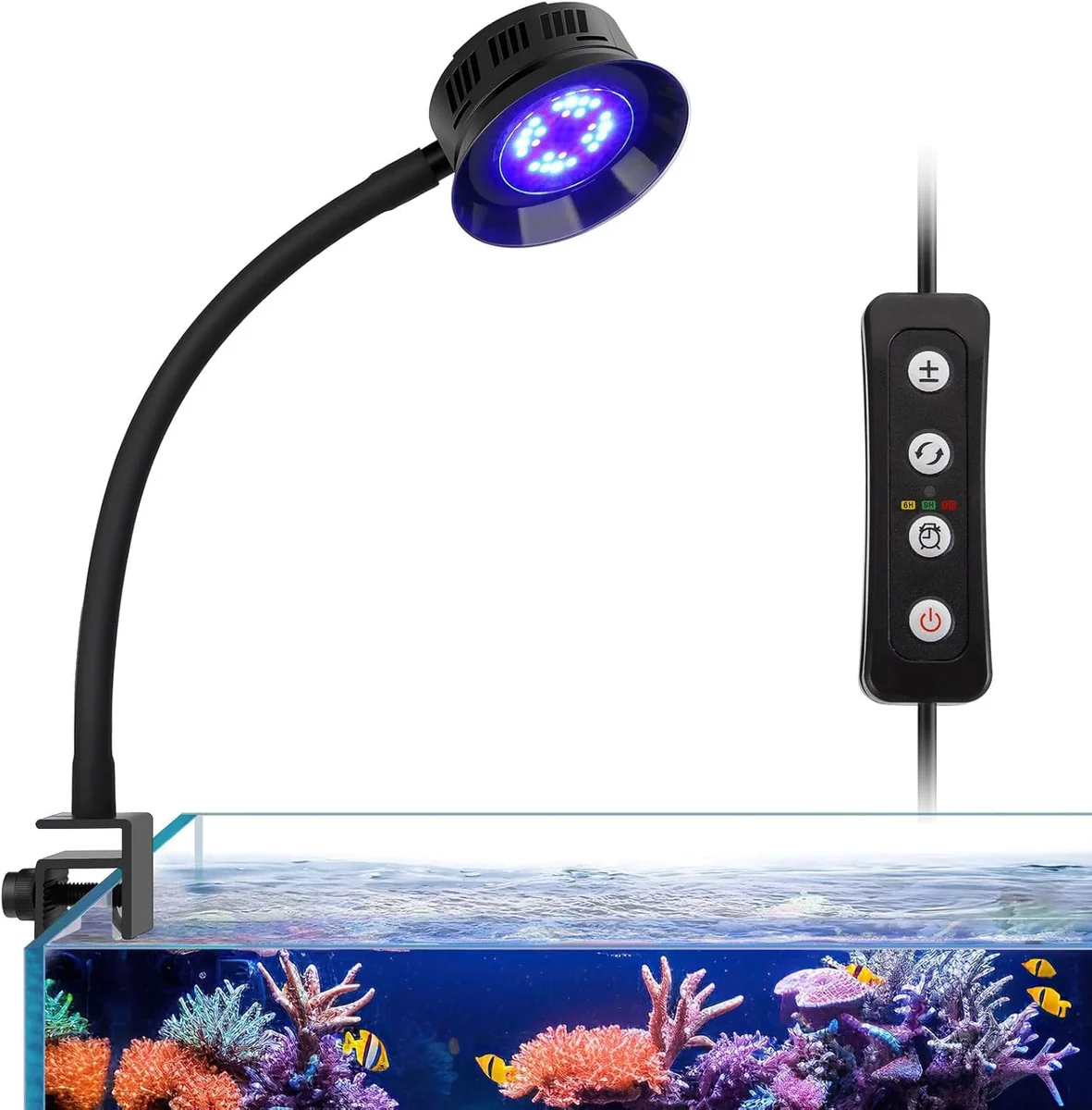 Luminária para Aquário Marinho 36W de Espectro Completo com Temporizador, Cor e Brilho Ajustáveis com Controlador, Iluminação para Aquário Marinho Nano, Corais LPS e SPS