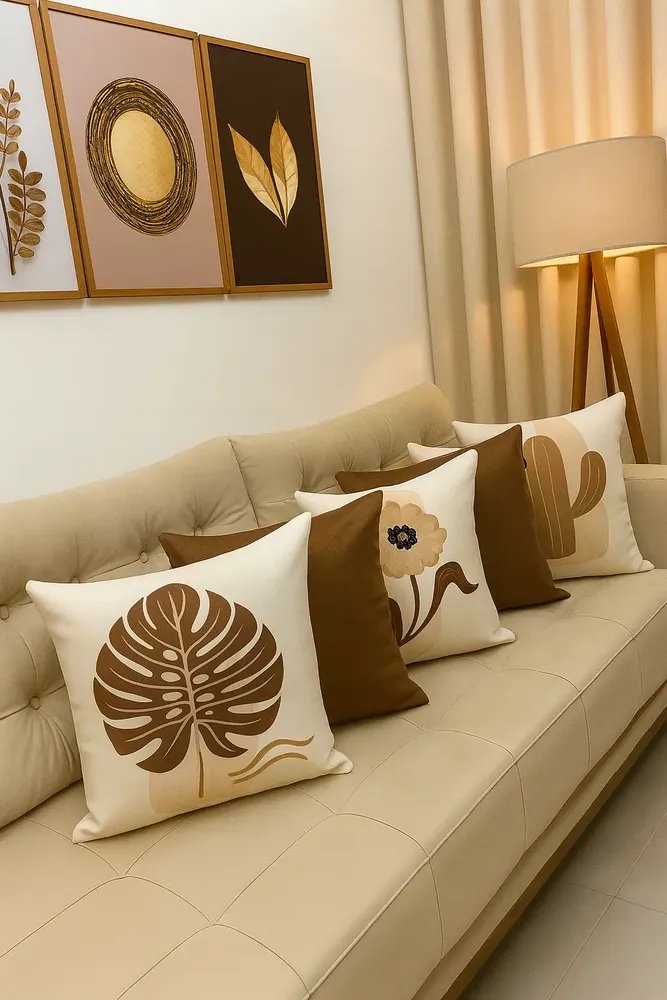 Kit 5 Capas De Almofadas Decorativas 45x45 Tecido Suede Marrom Flores