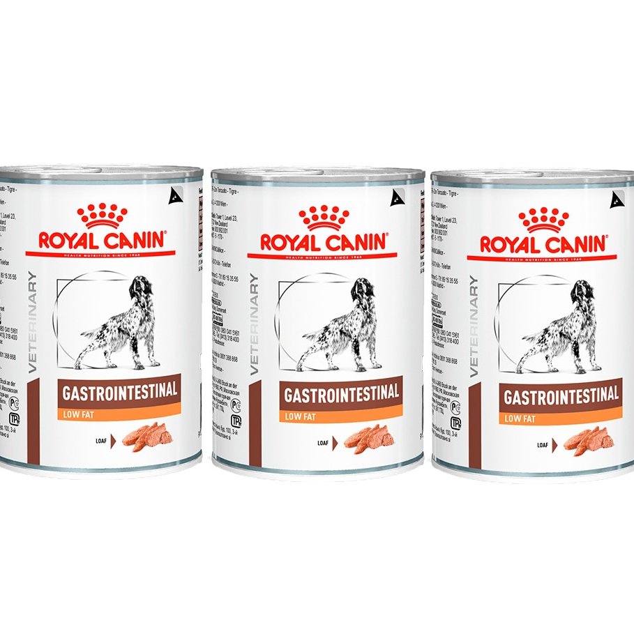 Kit 3un.Ração Úmida Lata Royal Canin Veterinary Gastrointestinal Low Fat Cães Adultos 420g