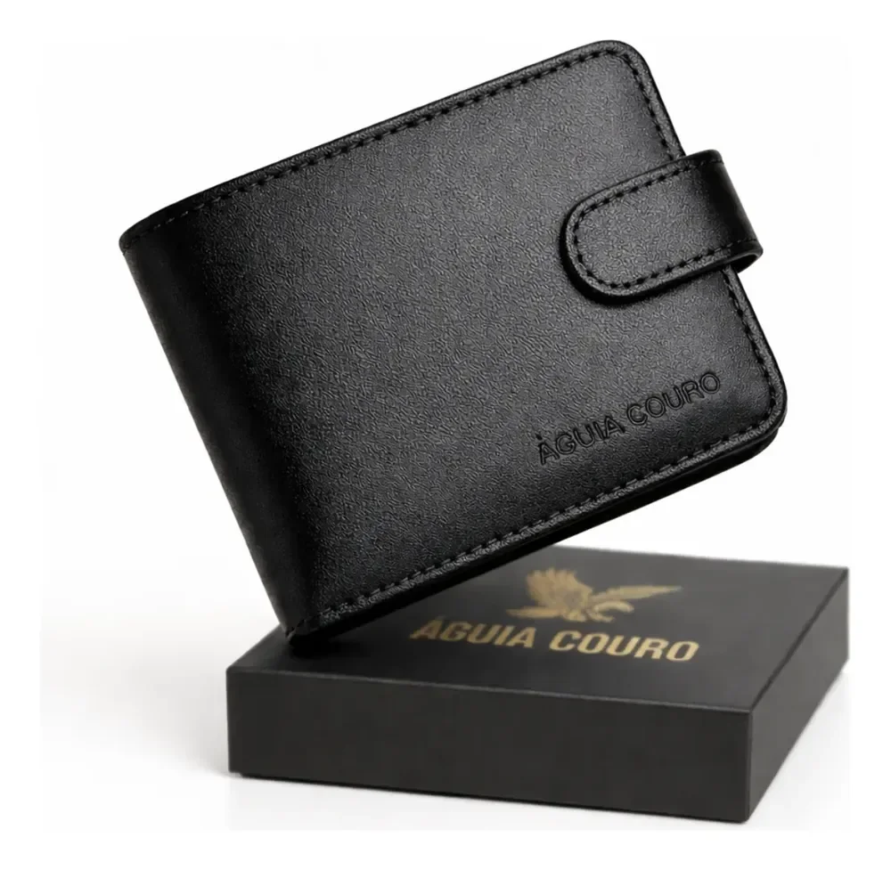 Carteira Masculina Legítimo Águia Couro Com Fecho Preto Home Preto Liso