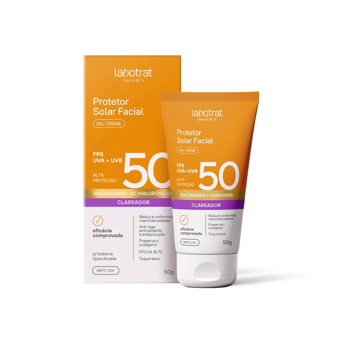 Labotrat Dermo Sun Protetor Solar Facial FPS 50 Gel Creme Sem Cor 50g | Clareador, Alta proteção UVA/UVB, Defesa luz azul e infravermelhos, Niacinamida, vitamina E, carnosina