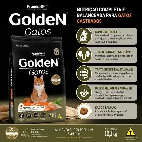 Ração Golden Premium Especial Gatos Adultos Castrados Salmão Gato Adulto Seca 10,1kg
