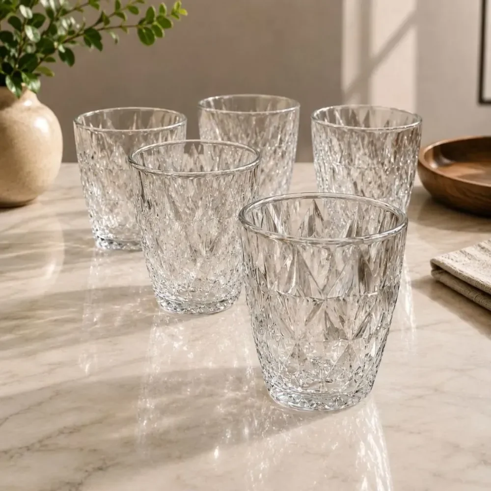 Jogo 6 Copos Baixos Diamond 300ml Vidro Resistente Diamante Transparente