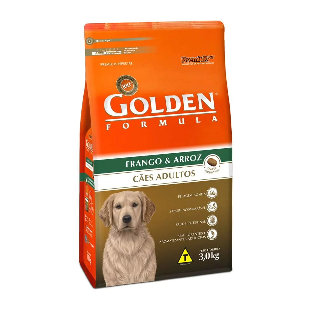 Ração Golden Fórmula para Cães Adultos Sabor Frango e Arroz, 3kg Premier Pet Para Todas Grande Adulto,