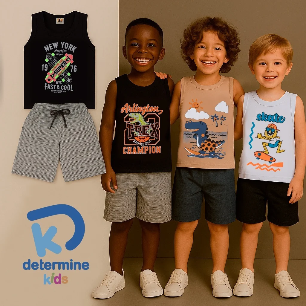 Kit 5 Conjuntos de Roupas Infantil e Juvenil Menino - 5 Regatas + 5 Bermudas