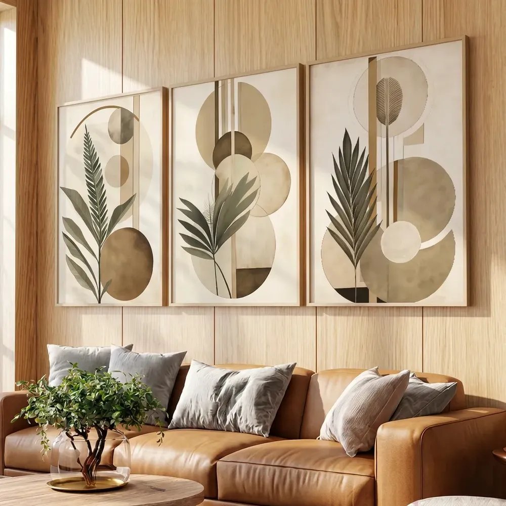 Quadros Decorativos Folhagem Abstrato Clean Bege Com Moldura Bege