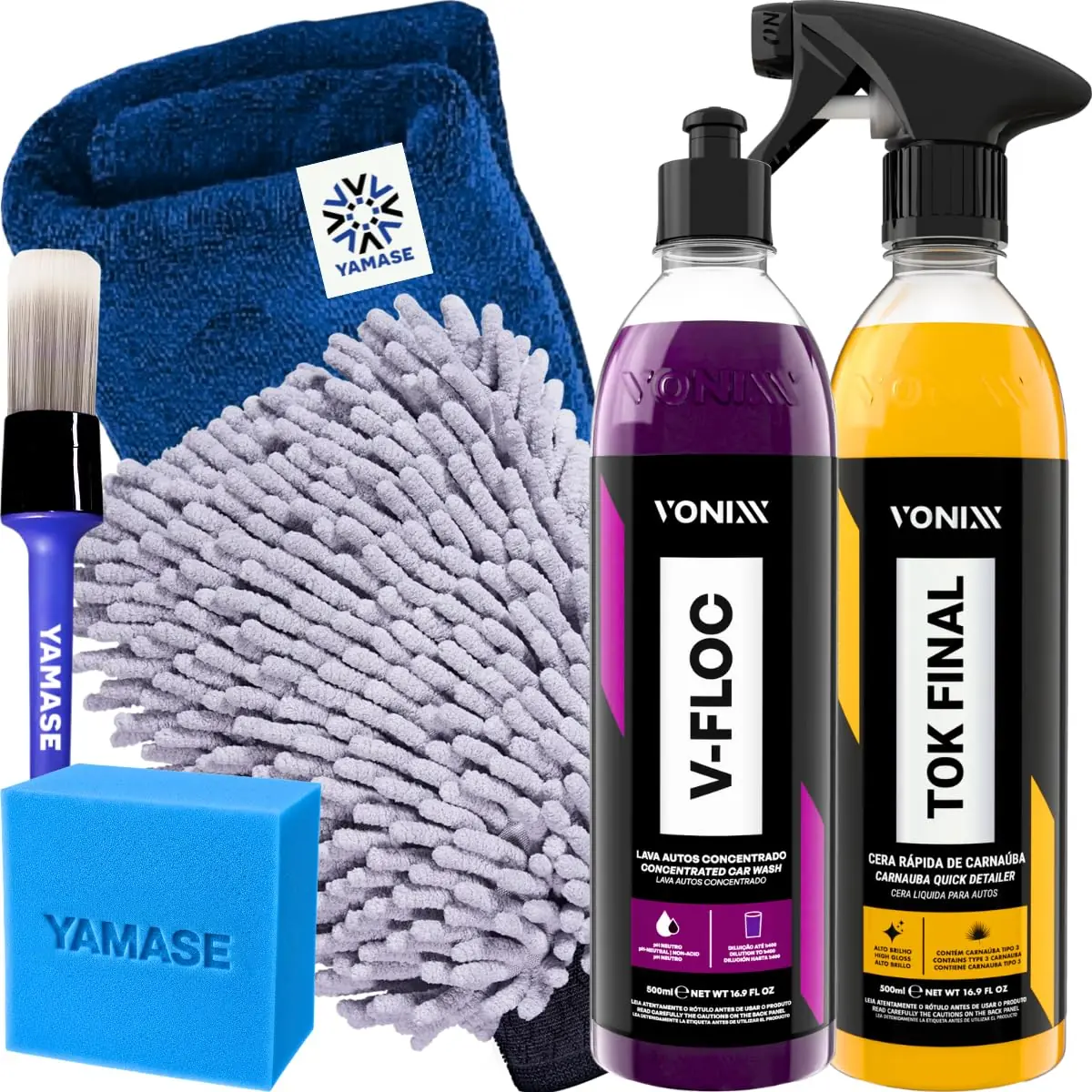 Kit V-Floc Shampoo Neutro Super Concentrado Automotivo + Cera Liquida Protetora Tok Final Vonixx Luva Pano Microfibra